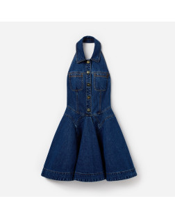 DENIM SLEEVELESS FLARED MINI DRESS